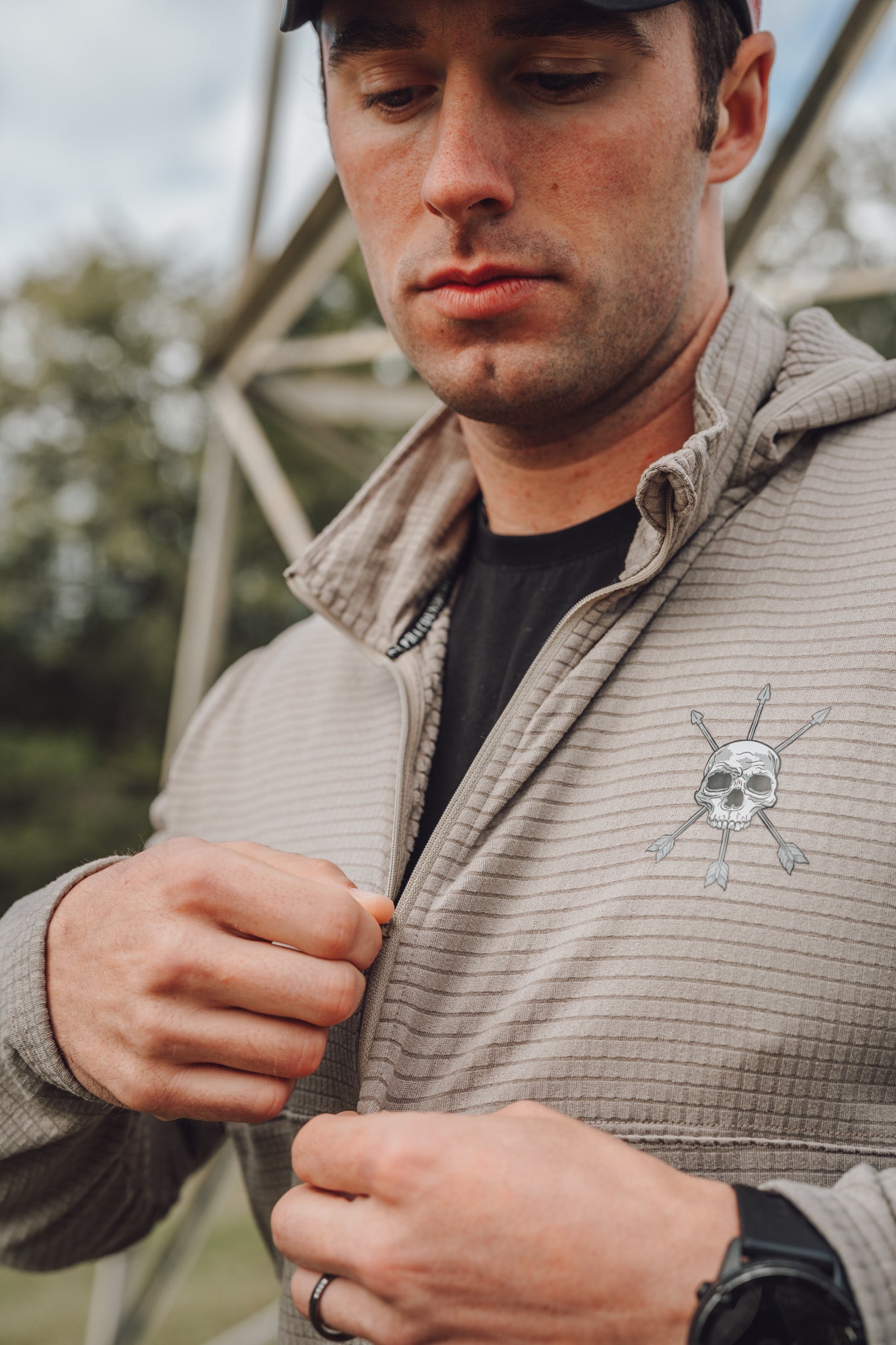 The quarter zip collar, layered over a base layer, Stone Taupe