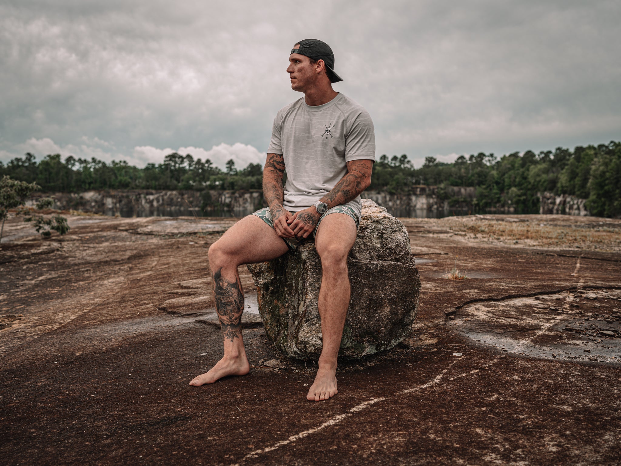 Sat on the rock at the quarry in the Drift Tee
