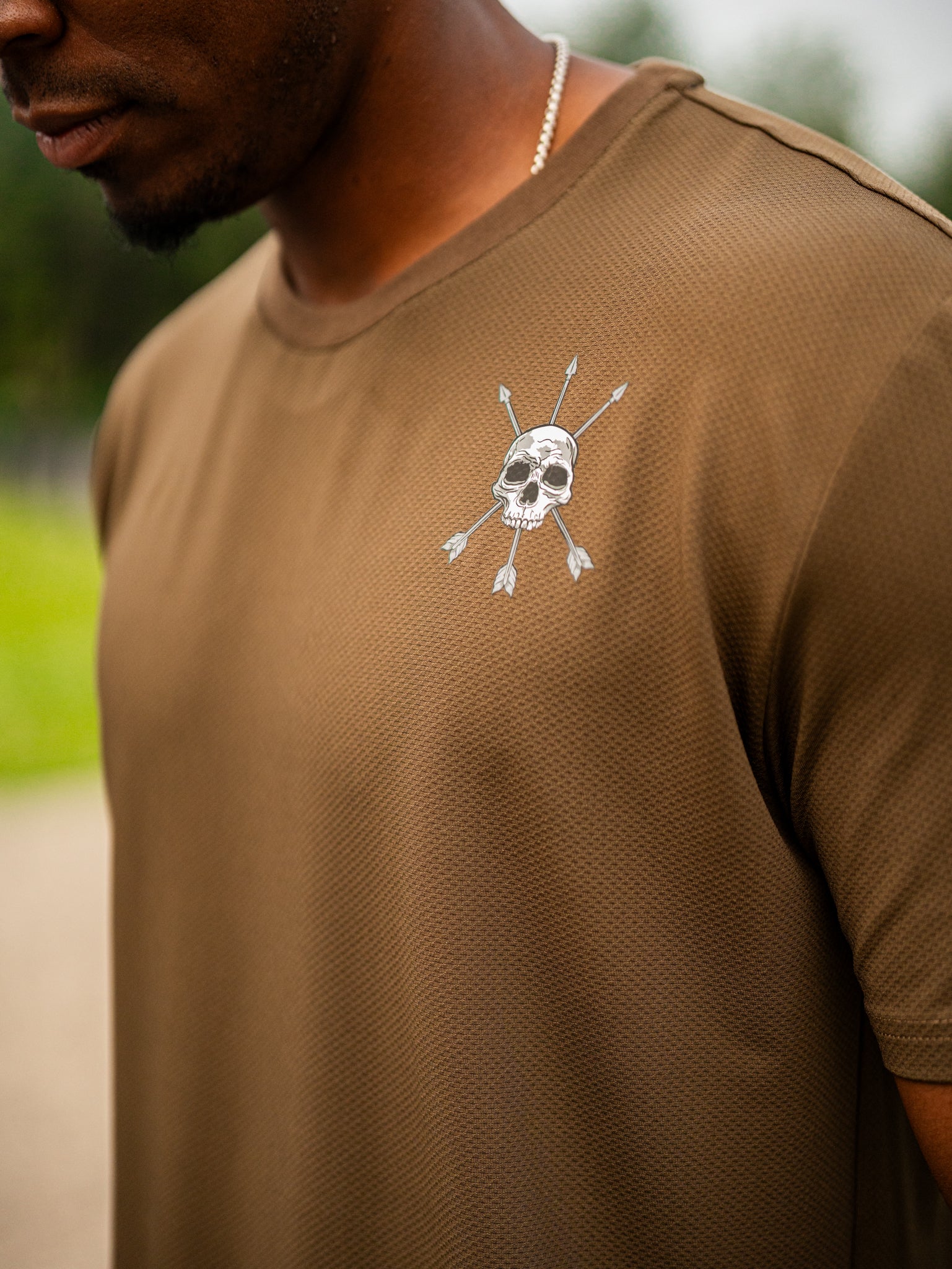 The textured knit of the Ascend Tee up close