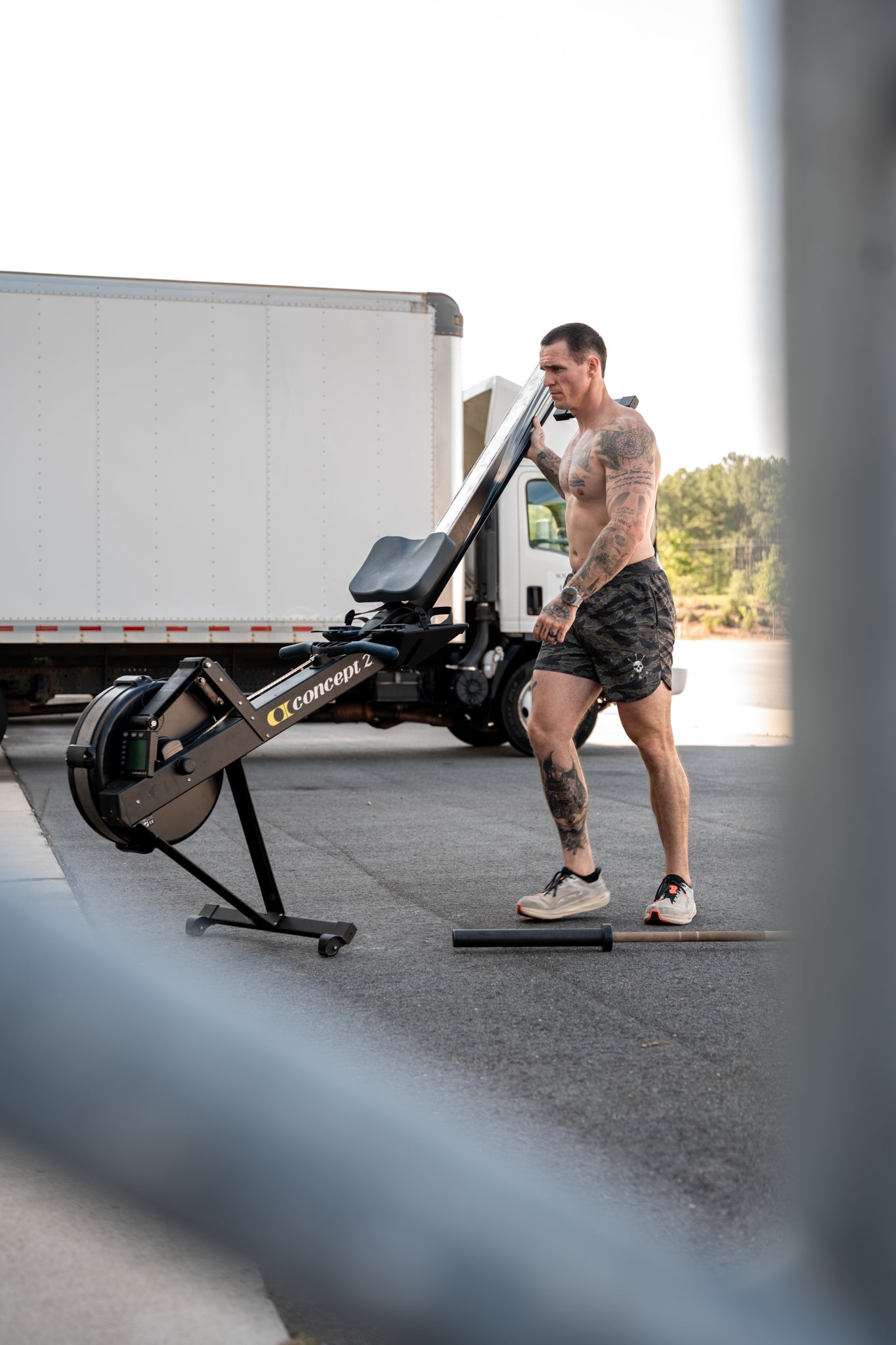 Carrying the rower out to the lot